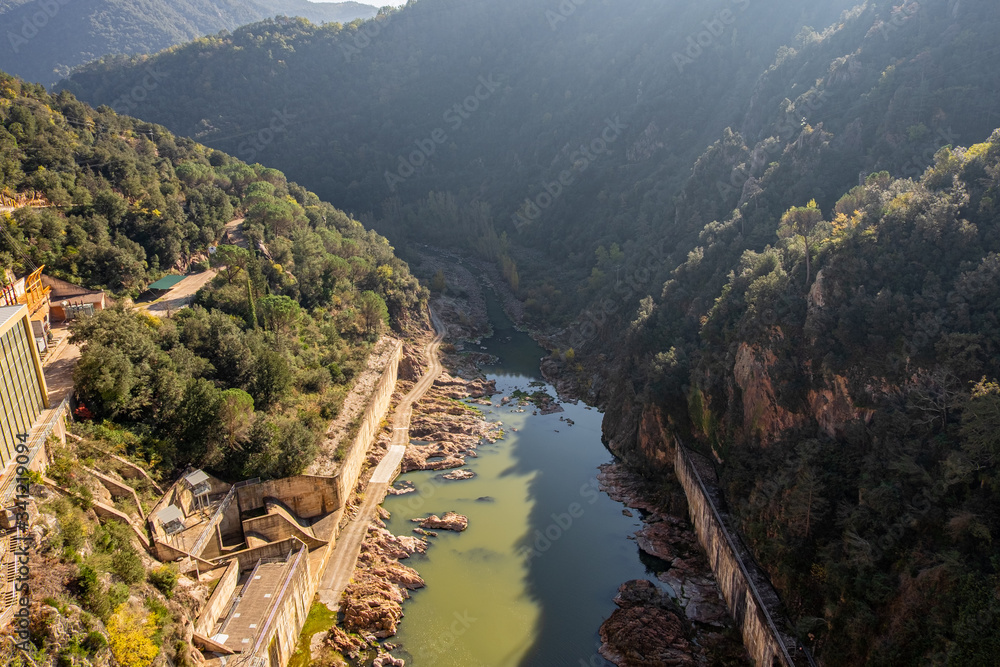 Dam at swamp Ter river in Sau reservoir, Catalonia, Spain.