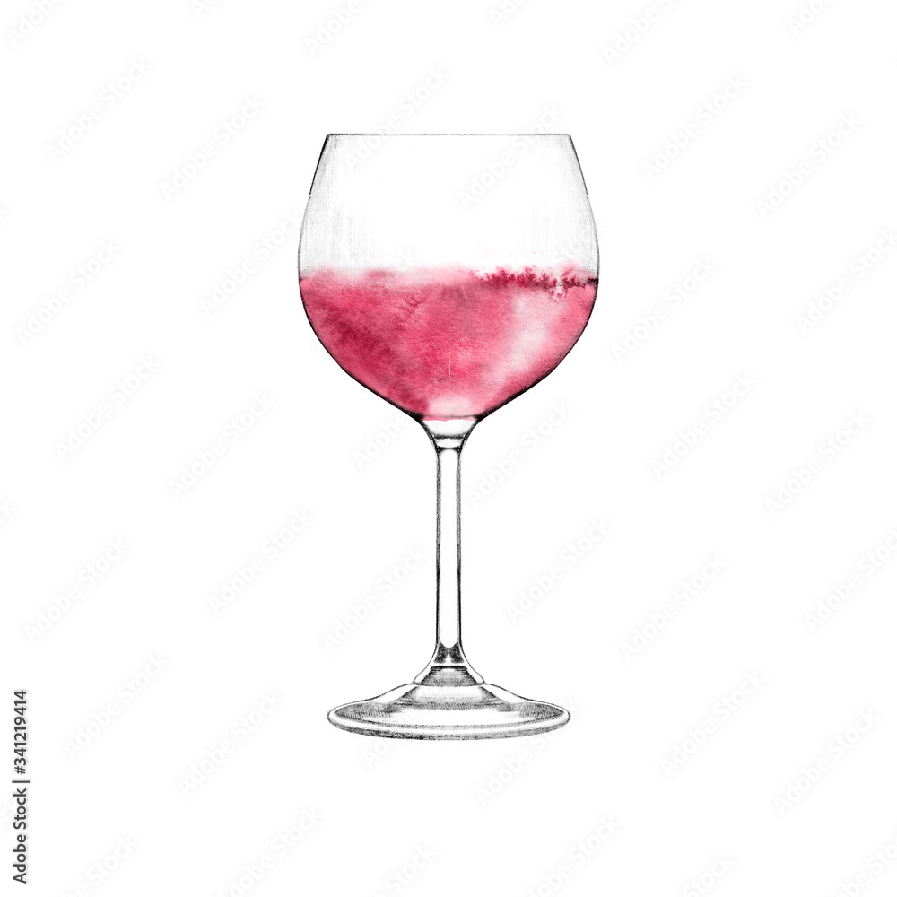 Glass of rose wine. French alhocol drink. Hand drawn sketch of wineglass. Glass of rose wine. French alhocol drink. Hand drawn sketch of wineglass.