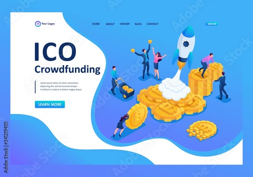 Isometric ICO crowdfunding in the cryptocurrency business have money to invest in project. Landing page concepts and web design