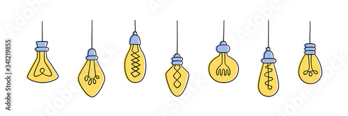 Set of Hand drawn Light Bulbs. Collection of different yellow loft lamps in doodle style. Isolated vector objects on white background
