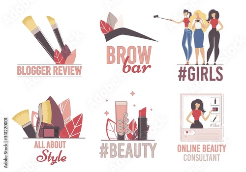 Beauty Blogger, Fashion and Style Video Channel, Makeup Consultant, Brow Bar Service Logo Set. Woman Vlogger Followers, Subscribers, Cosmetics Product, Makeup Accessory Trendy Flat Vector Illustration