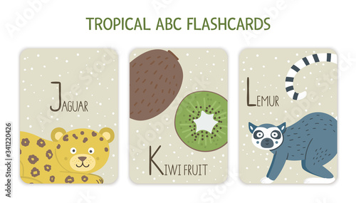 Colorful alphabet letters J, K, L. Phonics flashcard with tropical animals, birds, fruit, plants. Cute educational jungle ABC cards for teaching reading with funny jaguar, kiwi fruit, lemur..