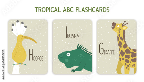 Colorful alphabet letters G, H, I. Phonics flashcard with tropical animals, birds, fruit, plants. Cute educational jungle ABC cards for teaching reading with funny hoopoe, giraffe, iguana..