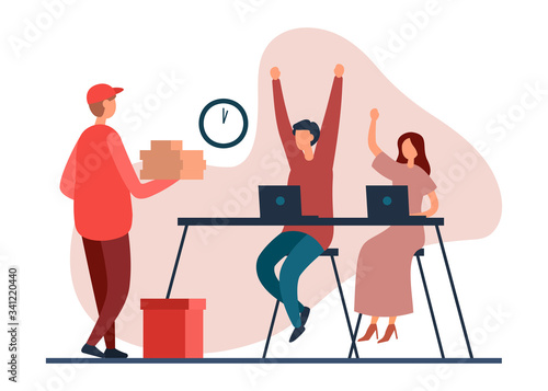 Happy workers in office receiving food from delivery guy