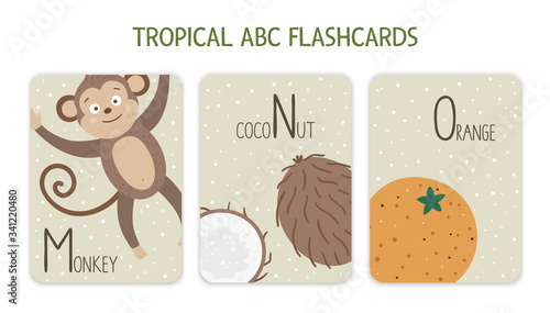 Colorful alphabet letters M, N, O. Phonics flashcard with tropical animals, birds, fruit, plants. Cute educational jungle ABC cards for teaching reading with funny monkey, coconut, orange..