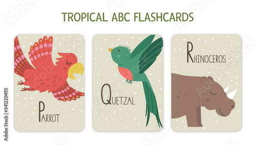 Colorful alphabet letters P, Q, R. Phonics flashcard with tropical animals, birds, fruit, plants. Cute educational jungle ABC cards for teaching reading with funny parrot, quetzal, Rhinoceros..