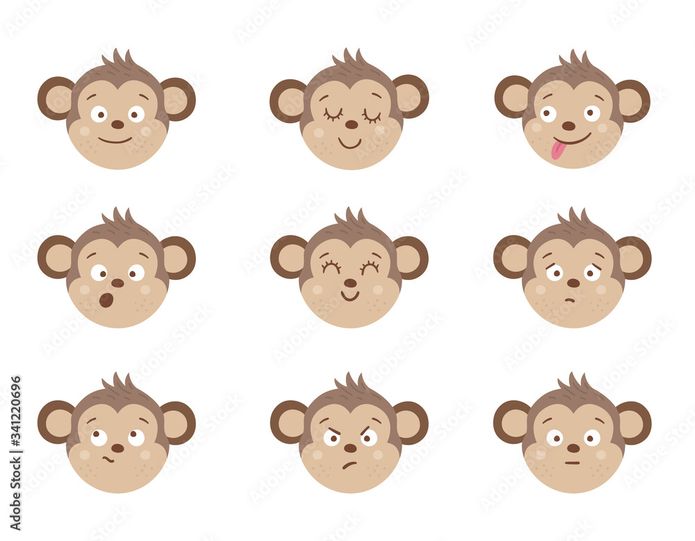 Vector monkey faces with different emotions. Set of animal emoji stickers. Heads with funny expressions isolated on white background. Cute avatars collection. Vector monkey faces with different emotions. Set of animal emoji stickers. Heads with funny expressions isolated on white background. Cute avatars collection.