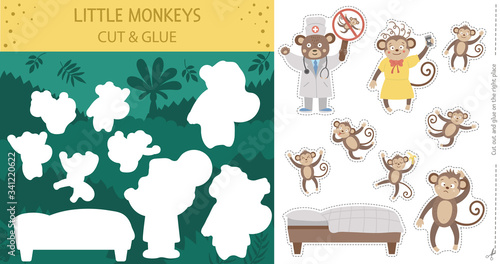 Vector summer cut and glue activity with five little monkeys. Tropical educational nursery rhyme crafting game with cute animal characters. Printable worksheet for teaching counting to 5..