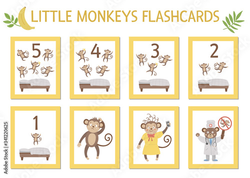 Vector set of educational flashcards with cute five little monkeys, mommy, doctor, bed. Funny nursery rhyme and song illustration. Bright printable cards for teaching counting. Jungle summer clip art.