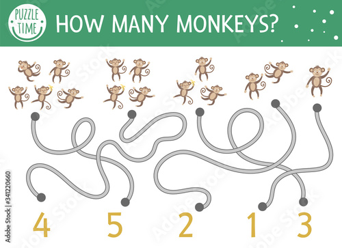 Tropical math maze for children with five little monkeys. Educational addition riddle. Funny nursery rhyme mathematic puzzle game. Cute counting worksheet. How many monkeys?.