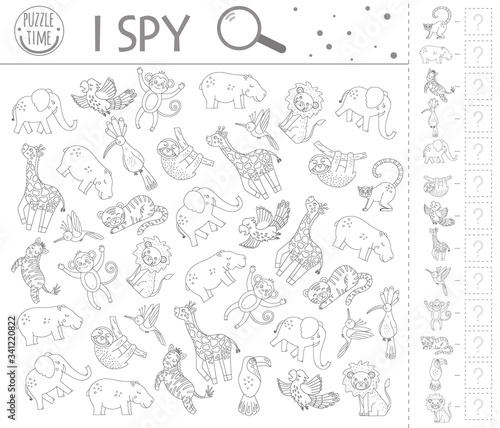 Tropical I spy game. Exotic searching and counting activity for preschool children with cute animals. Funny black and white jungle printable worksheet. Logical quiz. Fun coloring page for kids .