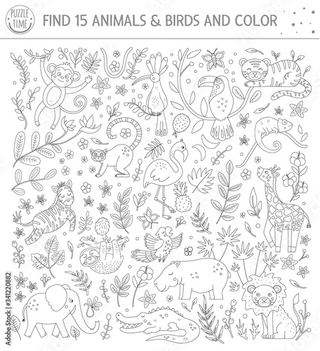 Tropical black and white searching game for children with cute funny characters. Find hidden animals and birds in the jungle and color. Fun coloring page for kids.