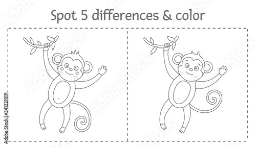 Tropical find differences and color game for children. Summer black and white tropic preschool activity with monkey. Fun coloring page for kids.