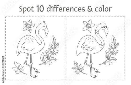 Tropical find differences and color game for children. Summer black and white tropic preschool activity with flamingo. Fun coloring page for kids.