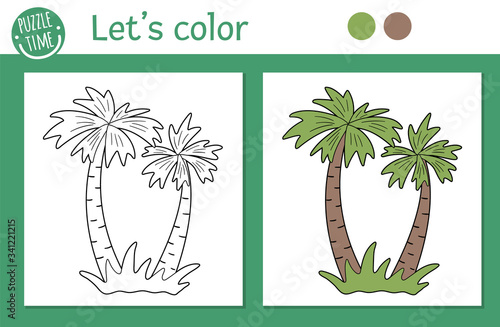Tropical coloring page for children. Vector palm tree illustration. Cute funny beach plant outline. Jungle summer color book for kids with colored version and example.