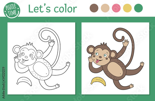 Wallpaper Mural Tropical coloring page for children. Vector monkey illustration. Cute funny animal character outline. Jungle summer color book for kids with colored version and example. Torontodigital.ca