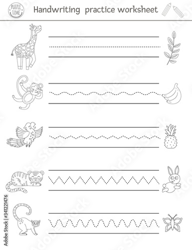 Vector handwriting practice worksheet. Printable black and white activity for pre-school children. Educational game for writing skills development. Tropical coloring page for kids with animals.