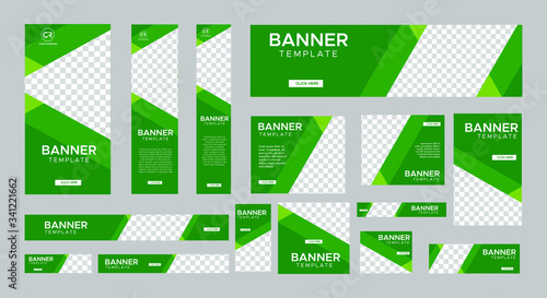 set of creative web banners of standard size with a place for photos. Gradient Green concept. Vertical horizontal and square template. Gradient Green concept.