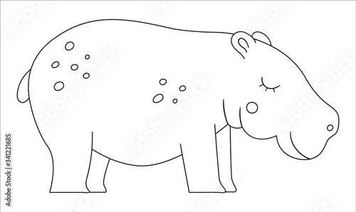 Vector cute hippo outline. Funny tropical exotic animal black and white illustration. Fun coloring page for children. Jungle summer clip art.