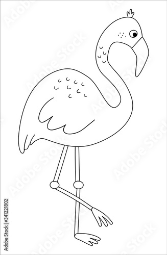 Vector cute flamingo outline. Funny tropical exotic bird black and white  illustration. Fun coloring page for children. Jungle summer clip art. Stock  Vector | Adobe Stock