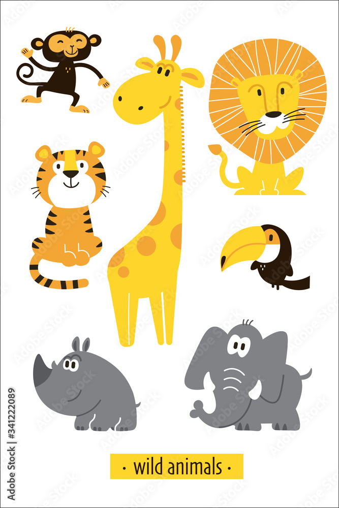 Fototapeta African Animals set. Cartoon Monkey, giraffe, lion, hippo, elephant, tiger, toucan pirate.