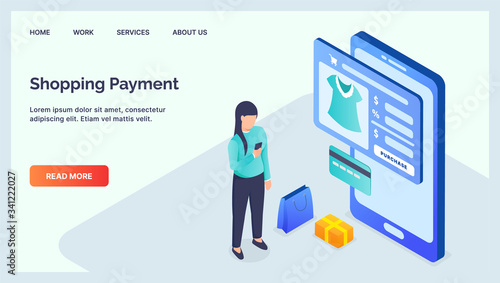 online shopping mobile payment for website template landing homepage with modern isometric flat