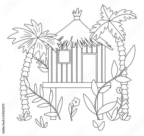 Vector black and white illustration of jungle hoot with palm trees and leaves. Tropical bungalow on stilts sketch. Cute funny exotic house in rainforest. Fun coloring page for kids.