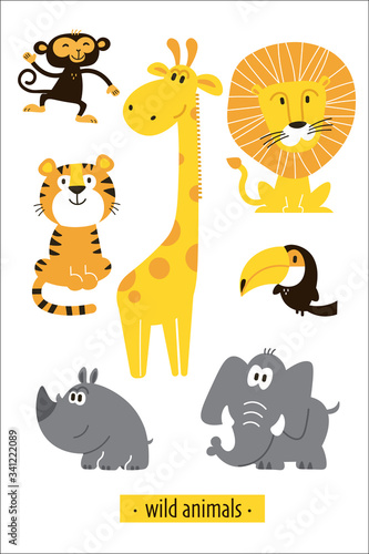 African Animals set. Cartoon Monkey, giraffe, lion, hippo, elephant, tiger, toucan pirate.