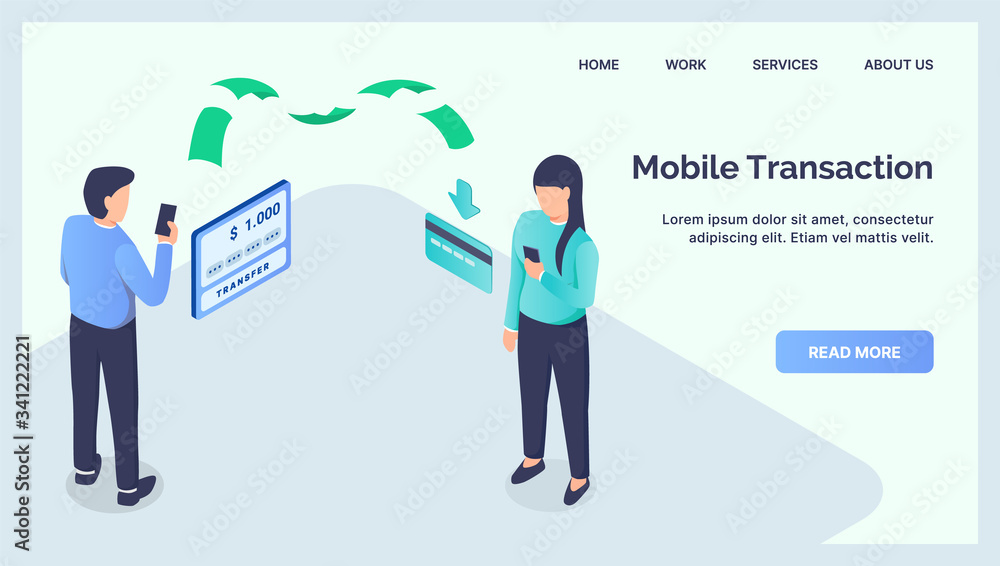 mobile transaction transfer concept for website template landing homepage with modern isometric flat