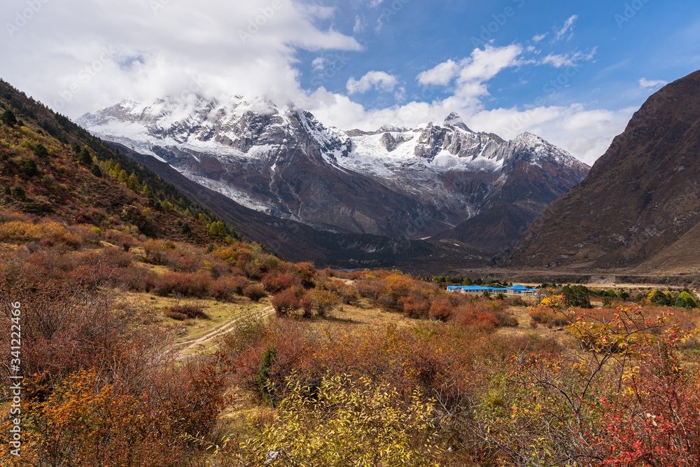 Samagaun village in autumn season in Manaslu circuit trekking route, Himalaya mountains range in Nepal Samagaun village in autumn season in Manaslu circuit trekking route, Himalaya mountains range in Nepal