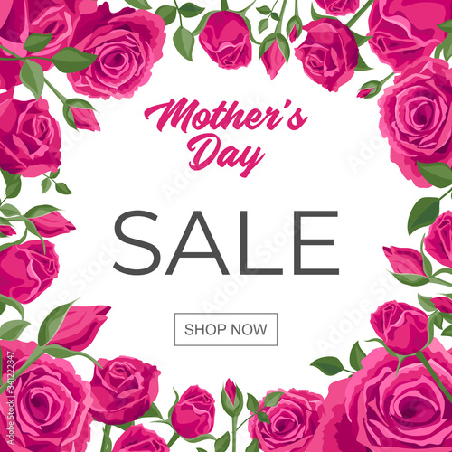 Happy mother day sale banner. Square poster for social media. Vector illustration with the text Happy mother day sale and a frame with beautiful roses on a pink background.