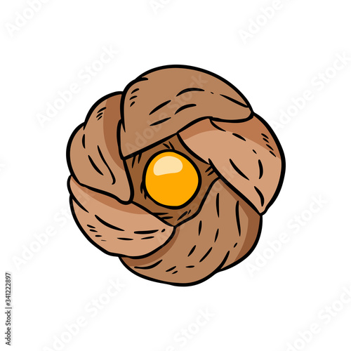 Bakery pie with egg yolk or peach icon. Traditional ajarian and georgian dish - khachapuri. Freshly baked bread doodle isolated on white background. Vector hand drawn illustration.