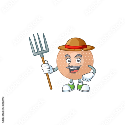 Mascot design style of Farmer rounded bandage with hat and pitchfork