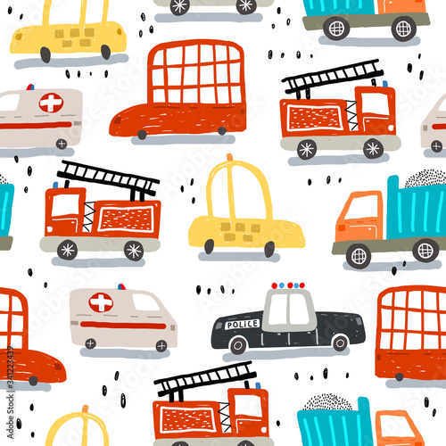 seamless pattern with cartoon cars, decor elements. Colorful vector flat style for kids. hand drawing. baby design for fabric, print, wrapper, textile
