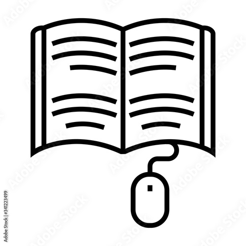 Electronic book icon, digital reading concept, internet learning, e-book library, online magazine. Line design for educational concept.