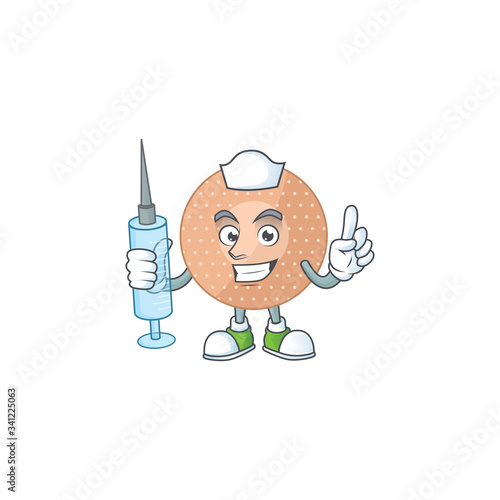 Friendly Nurse rounded bandage mascot design style using syringe