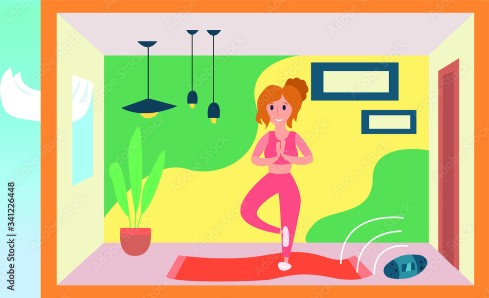 Vector illustration of the girl making yoga during corona virus quarantine