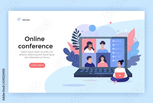Video conference concept illustration. Friends using computer for online meetings and internet communications. Landing page design perfect for web, banner, mobile app, vector flat style.