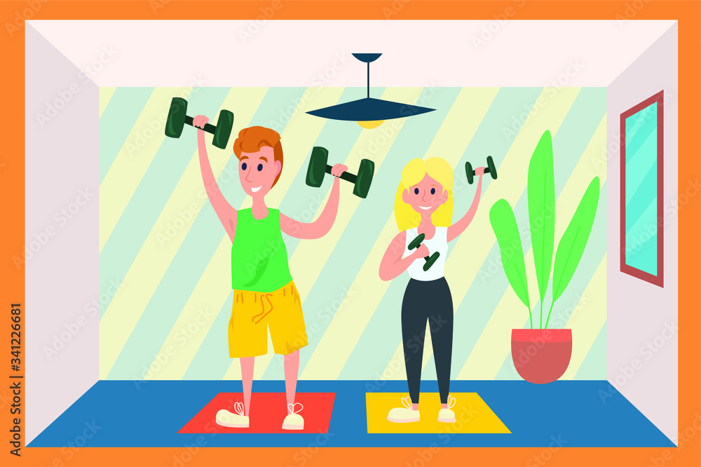 vector illustration of a man and woman doing fitness during corona virus isolation vector illustration of a man and woman doing fitness during corona virus isolation