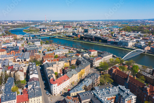 Aerial view on the Old Jewish district and Vistula River in Krakow, Poland © espiegle