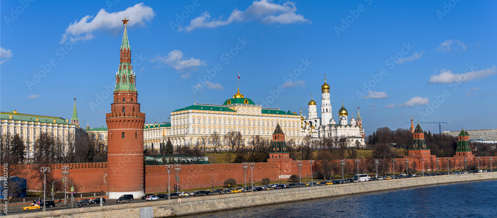 Moscow Kremlin in winter. Panoramic view of the famous Moscow Kremlin. The Kremlin is the main tourist attraction in Moscow and Russia.