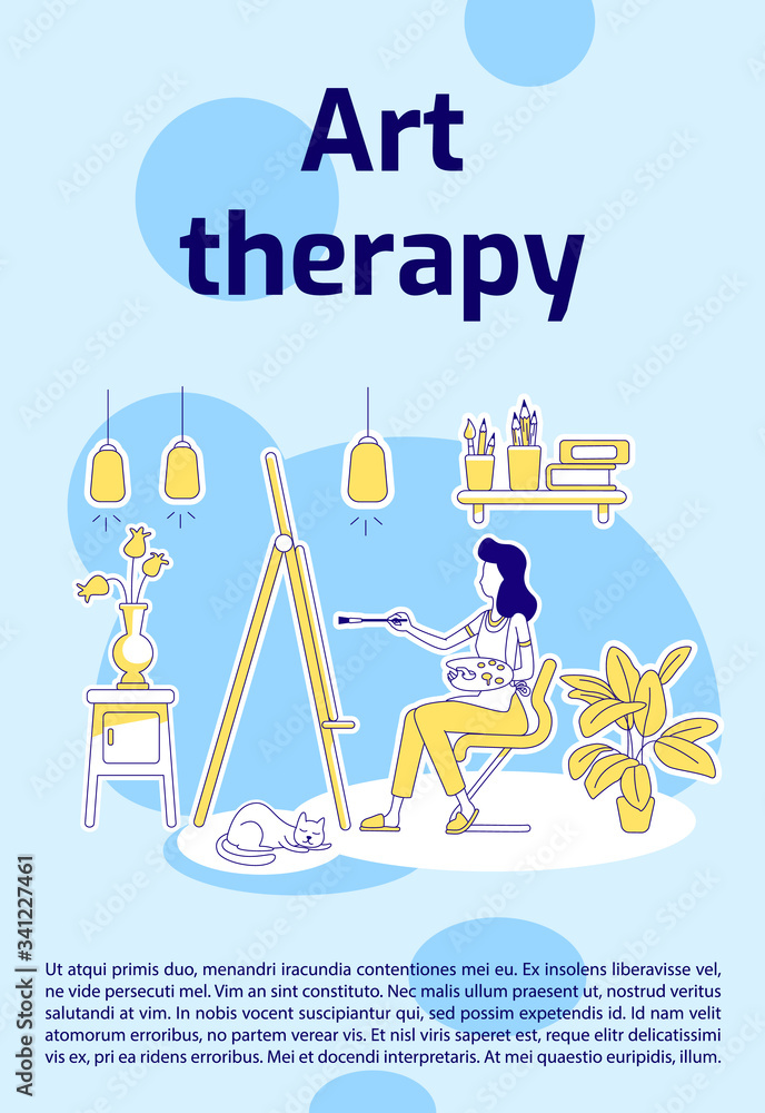 Art therapy poster flat silhouette vector template. Woman paint at easel. Creative hobby. Brochure, booklet one page concept design with cartoon characters. Recreation flyer, leaflet with text space