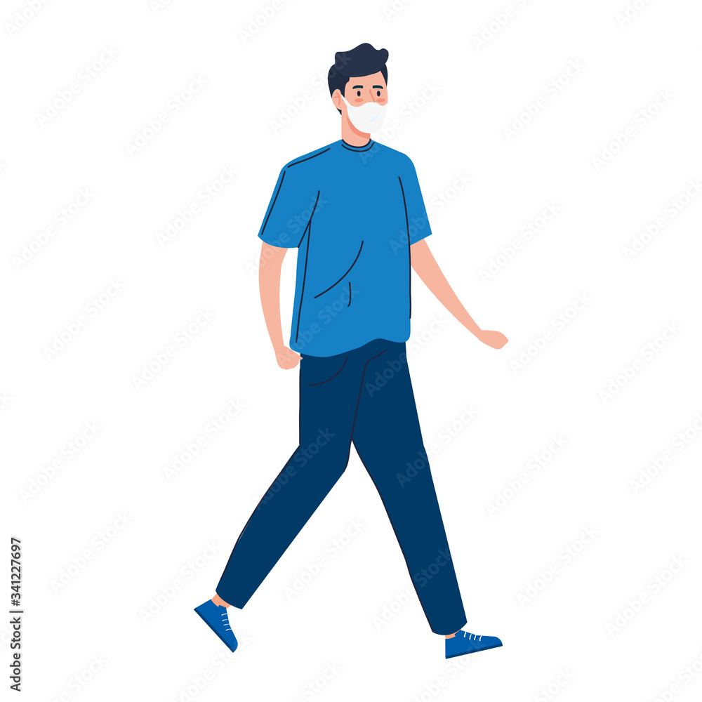 young man walking with face mask isolated icon vector illustration design young man walking with face mask isolated icon vector illustration design