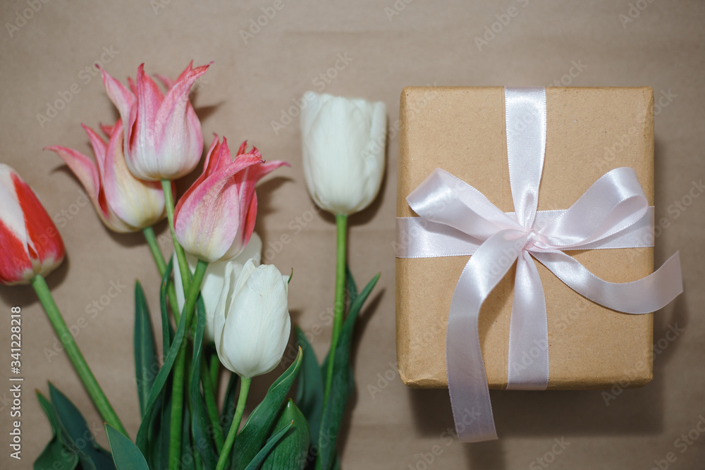 Gift box and flowers. Romantic colorful present. Gift box and flowers. Romantic colorful present.