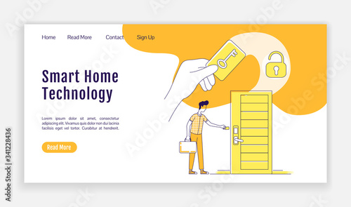 Smart home tech landing page flat silhouette vector template. Electronic key homepage layout. RFID card one page website interface with cartoon outline character. Keycard lock web banner, webpage