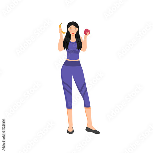 Nutritionist, sportswoman, girl with fruits flat color vector character. Healthy nutrition, dietary menu planning isolated cartoon illustration for web graphic design and animation