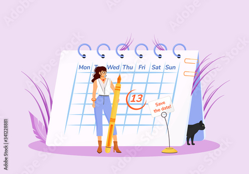 Friday thirteenth flat concept vector illustration. Young superstitious woman with calendar and black cat 2D cartoon characters for web design. Common superstition, unfortunate date creative idea