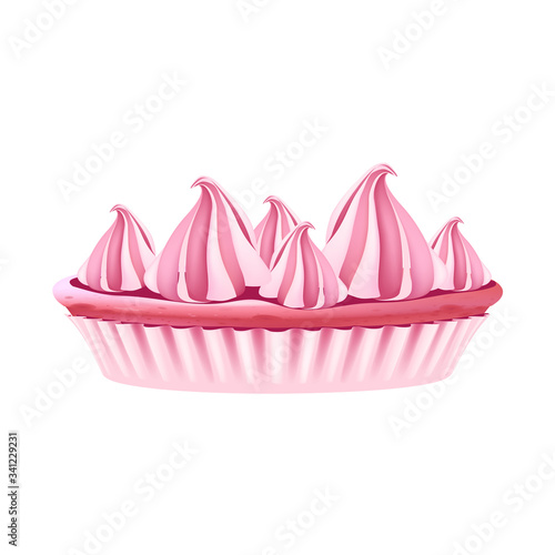 Homemade cake, delicious pie realistic vector illustration. Birthday dessert with whipped cream, pink confectionery. Appetizing pastry in baking cup 3d isolated object on white background
