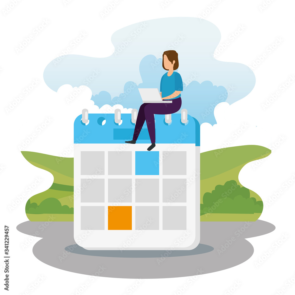 woman with laptop sitting in calendar vector illustration design woman with laptop sitting in calendar vector illustration design