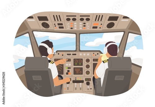 Cartoon male pilot cockpit plane with control board vector graphic illustration. Back view airplane captain command of aircraft. Two aviation crew worker at cabin during flight in sky